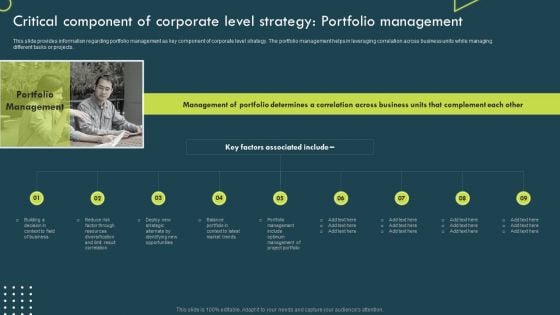 Critical Component Of Corporate Level Strategy Portfolio Management Infographics PDF