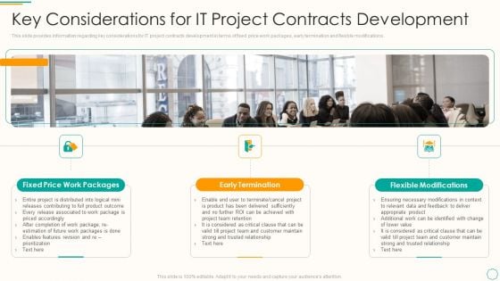 Critical Components Of Project Management IT Key Considerations For IT Project Contracts Development Icons PDF