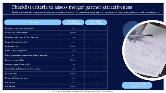 Critical Initiatives To Deploy Checklist Criteria To Assess Merger Partner Attractiveness Diagrams PDF