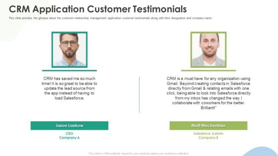 Crm Implementation Investor Funding Crm Application Customer Testimonials Information PDF