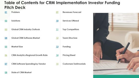 Crm Implementation Investor Funding Table Of Contents Forcrm Implementation Investor Funding Pitch Deck Pictures PDF