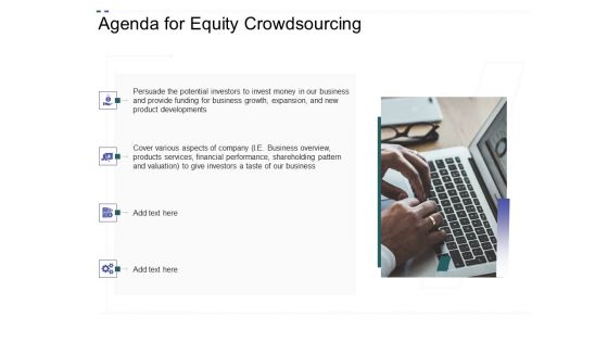 Crowd Sourced Equity Funding Pitch Deck Agenda For Equity Crowdsourcing Slides PDF