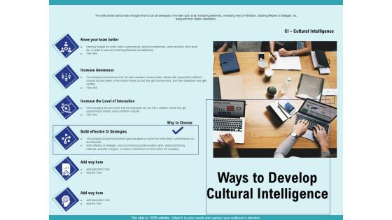 Cultural Intelligence Productive Team Enhanced Interaction Ways To Develop Cultural Intelligence Infographics PDF