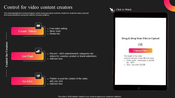 Curastory Editing Platform Pitch Deck Control For Video Content Creators Slides PDF