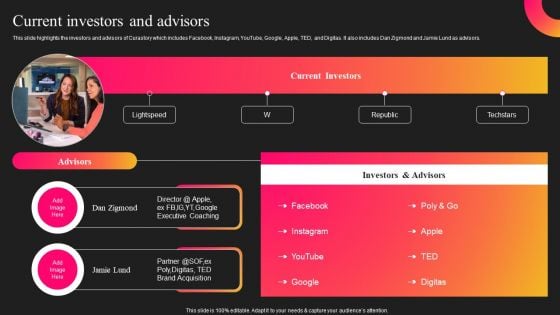 Curastory Editing Platform Pitch Deck Current Investors And Advisors Clipart PDF