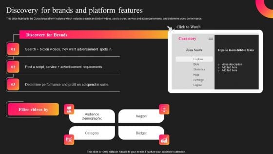 Curastory Editing Platform Pitch Deck Discovery For Brands And Platform Features Graphics PDF