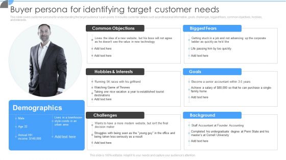 Customer Acquisition Approaches To Enhance Organization Growth Buyer Persona For Identifying Target Customer Needs Diagrams PDF