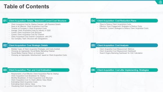 Customer Acquisition Cost For New Business Table Of Contents Mockup PDF