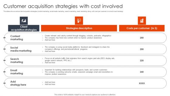 Customer Acquisition Strategies With Cost Involved Client Acquisition Techniques To Boost Sales Infographics PDF Customer Acquisition Strategies With Cost Involved Client Acquisition Techniques To Boost Sales Infographics PDF