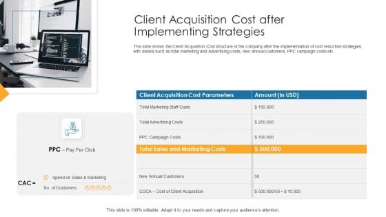 Customer Attainment Price To Gain New Clients Client Acquisition Cost After Implementing Strategies Brochure PDF