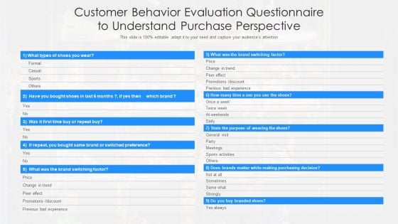 Customer Behavior Evaluation Questionnaire To Understand Purchase Perspective Ppt Icon Guidelines PDF