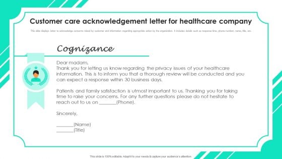 Customer Care Acknowledgement Letter For Healthcare Company Sample PDF