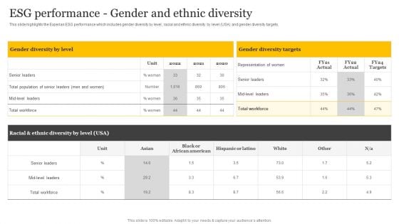 Customer Credit Reporting Company Outline ESG Performance Gender And Ethnic Diversity Structure PDF