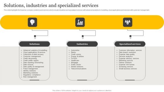 Customer Credit Reporting Company Outline Solutions Industries And Specialized Services Demonstration PDF