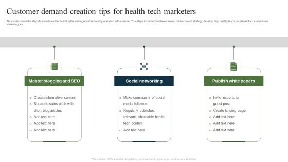 Customer Demand Creation Tips For Health Tech Marketers Ppt Summary Slides PDF