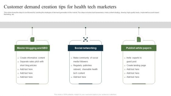 Customer Demand Creation Tips For Health Tech Marketers Ppt Summary Slides PDF