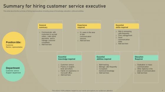 Customer Experience Optimization Summary For Hiring Customer Service Executive Elements PDF