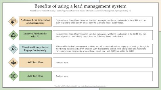 Customer Lead Development Management Strategies Benefits Of Using A Lead Management System Brochure PDF