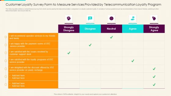 Customer Loyalty Survey Form To Measure Services Provided By Telecommunication Loyalty Program Designs PDF