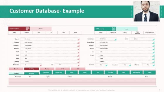 Customer Relationship Management Action Plan Customer Database Example Diagrams PDF