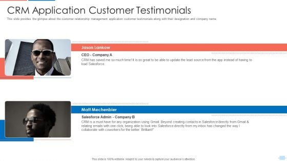 Customer Relationship Management Application Investor CRM Application Customer Testimonials Topics PDF