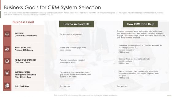 Customer Relationship Management Business Goals For CRM System Selection Themes PDF