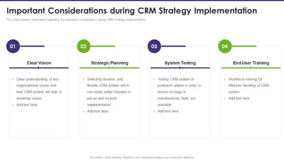 Customer Relationship Management Important Considerations During CRM Strategy Background PDF