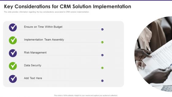 Customer Relationship Management Key Considerations For CRM Solution Implementation Slides PDF