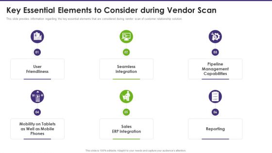 Customer Relationship Management Key Essential Elements To Consider During Vendor Scan Ideas PDF Customer Relationship Management Key Essential Elements To Consider During Vendor Scan Ideas PDF