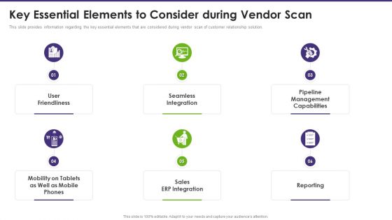 Customer Relationship Management Key Essential Elements To Consider During Vendor Scan Ideas PDF