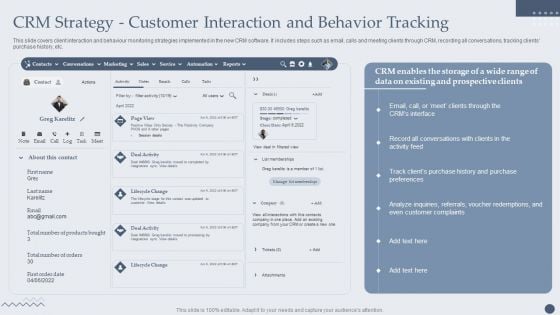 Customer Relationship Management Software CRM Strategy Customer Interaction And Behavior Tracking Summary PDF