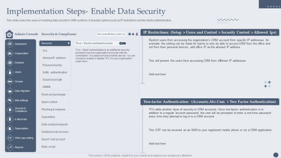 Customer Relationship Management Software Implementation Steps Enable Data Security Formats PDF