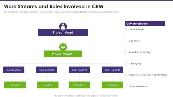 Customer Relationship Management Work Streams And Roles Involved In CRM Portrait PDF