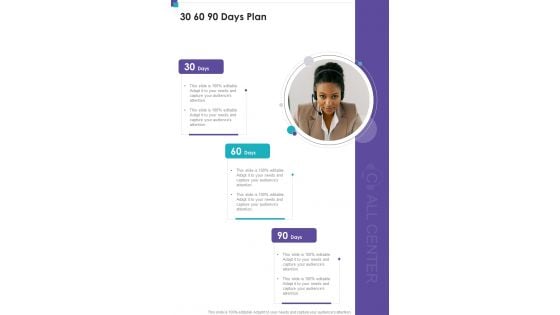 Customer Service Center Proposal 30 60 90 Days Plan One Pager Sample Example Document