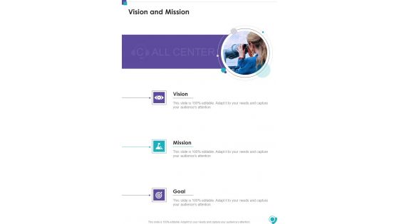 Customer Service Center Proposal Vision And Mission One Pager Sample Example Document