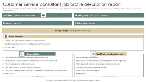 Customer Service Consultant Job Profile Description Report Infographics PDF