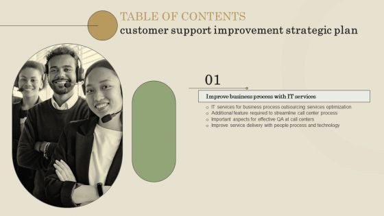 Customer Support Improvement Strategic Plan Table Of Contents Ppt PowerPoint Presentation Diagram Graph Charts PDF