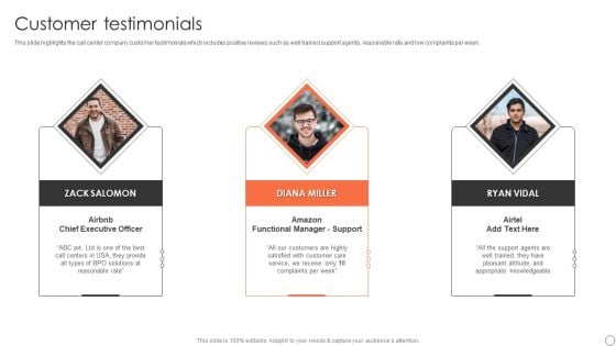 Customer Support Services Company Profile Customer Testimonials Ppt Icon Layout PDF