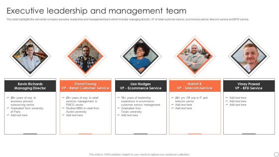 Customer Support Services Company Profile Executive Leadership And Management Team Pictures PDF