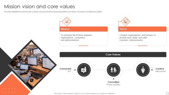 Customer Support Services Company Profile Mission Vision And Core Values Diagrams PDF