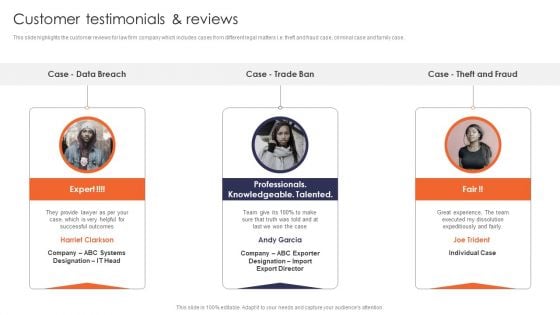 Customer Testimonials And Reviews Multinational Legal Firm Company Profile Slides PDF