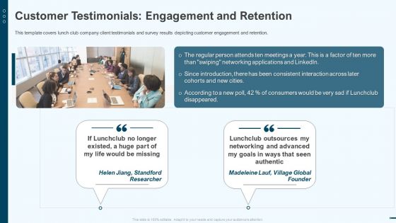 Customer Testimonials Engagement And Retention Lunchclub Investor Capitalizing Elevator Diagrams Pdf