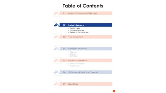 Customized Painting Service Proposal Table Of Contents One Pager Sample Example Document