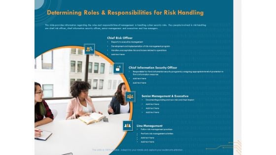 Cyber Security Implementation Framework Determining Roles And Responsibilities For Risk Handling Icons PDF