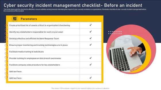 Cyber Security Incident Management Checklist Before An Incident Icons PDF