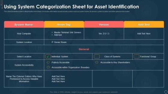 Cyber Security Risk Management Plan Using System Categorization Sheet For Asset Identification Template PDF