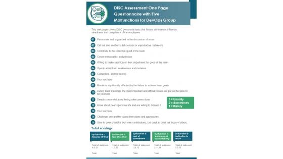 DISC Assessment One Page Questionnaire With Five Malfunctions For Devops Group PDF Document PPT Template