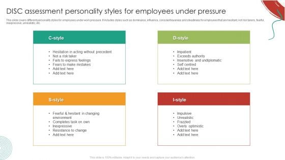 DISC Assessment Personality Styles For Employees Under Pressure Clipart PDF