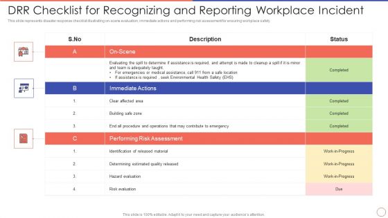 DRR Checklist For Recognizing And Reporting Workplace Incident Ppt Model Show PDF