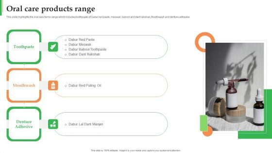 Dabur Business Profile Oral Care Products Range Ppt Icon Summary PDF